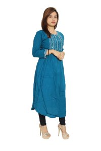 Blue white square chained embroided straight kurti for womens / girls (Sky blue kurti) - Made up of Rayon and designed for you plesant and comfy