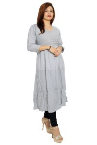 Curved square chained embroided straight Kurti for Womens/ girls (Grey)- Made up of Rayon and designed for you plesant and comfy