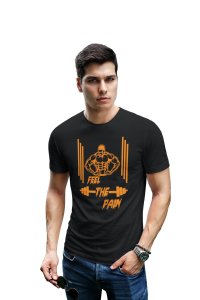Feel The Pain, Straight Lines Round Neck Gym Tshirt (BG Orange) (Black Tshirt) - Clothes for Gym Lovers - Foremost Gifting Material for Your Friends and Close Ones