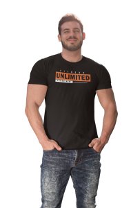 Fitness, Unlimited, Power Gym, 1 Dash (BG Orange and Black), Round Neck Gym Tshirt (White Tshirt) - Clothes for Gym Lovers - Suitable for Gym Going Person - Foremost Gifting Material for Your Friends and Close Ones
