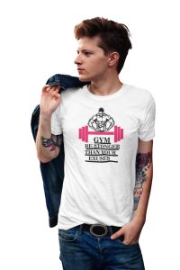 Gym, Be Stronger Than Your Excuses, (BG Pink and Black), Round Neck Gym Tshirt (White Tshirt) - Clothes for Gym Lovers - Suitable for Gym Going Person - Foremost Gifting Material for Your Friends and Close Ones