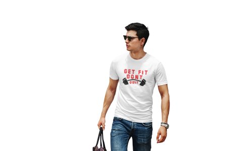 Get Fit, Don't Quit, Text Red, Round Neck Gym Tshirt (White Tshirt) - Clothes for Gym Lovers - Foremost Gifting Material for Your Friends and Close Ones