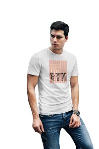 Gym Written in Front of a Flag,(BG Orange), Round Neck Gym Tshirt (White Tshirt) - Clothes for Gym Lovers - Foremost Gifting Material for Your Friends and Close Ones