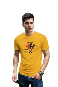 I Must Go, Man And Woman Facing Backwards, Round Neck Gym Tshirt (Yellow Tshirt) - Clothes for Gym Lovers - Suitable for Gym Going Person - Foremost Gifting Material for Your Friends and Close Ones