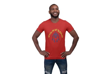 Gym In My Blood(Yellow Text), Round Neck Gym Tshirt (Red Tshirt) - Clothes for Gym Lovers - Suitable for Gym Going Person - Foremost Gifting Material for Your Friends and Close Ones