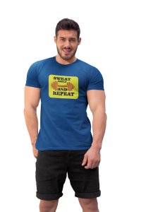 Sweat, Smile And Repeat, (BG Yellow), Round Neck Gym Tshirt (Blue Tshirt) - Clothes for Gym Lovers - Suitable for Gym Going Person - Foremost Gifting Material for Your Friends and Close Ones