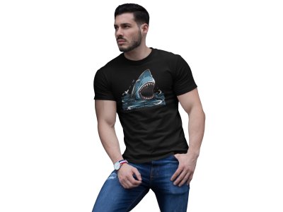 Shark attacking - Black - printed T-shirts -Abstract Funny thoughtful creative illustrations - Men's stylish clothing - Cool tees for boys