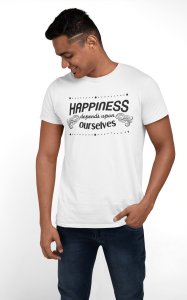 Happiness depends upon ourselves - White - printed T-shirts - Men's stylish clothing - Cool tees for boys