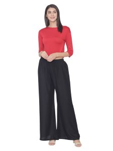 N-Gal Rayon Women's Wide Leg Elastic Waist Band Breathable Plain Palazzo Pant_Black