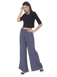 N-Gal Rayon Women's Wide Leg Elastic Waist Band Breathable Plain Palazzo Pant_Grey