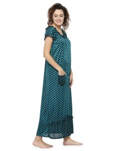 N-Gal Women's Satin Half Sleeves Polka Dot Nighty Night Dress Nightwear_Green