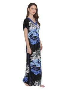 N-Gal Women's Satin Floral Long Nighty Night Dress Nightwear_Blue