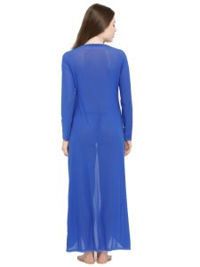 N-Gal Women's Polyester Spandex Sheer Long Sleeve Front Slit Bridal Nightwear with G-String_Blue