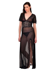 N-Gal Women's V-Neck Splicing Lace Nighty Night Dress Nightwear with G-String_Black