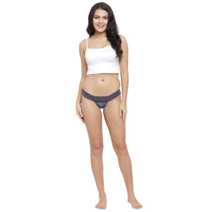N-Gal Women's Cheeky Lace Mid Waist T Back Underwear Lingerie Brief Thong Panty_Blue