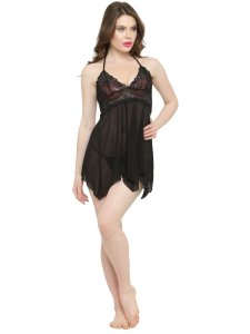 N-Gal Women's Asymmetrical Sheer Babydoll Dress Nightwear with G-String_Black