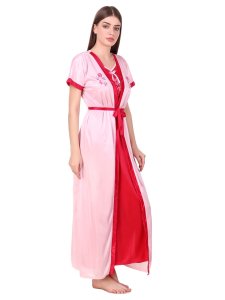 N-Gal Women's Satin Floral Pattern Embroidered Royal Long Nighty Gown with Robe Lingerie 2 Pcs Nightwear Set, Pink