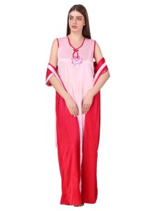 N-Gal Women's Satin Floral Pattern Embroidered Royal Long Nighty Gown with Robe Lingerie 2 Pcs Nightwear Set, Red