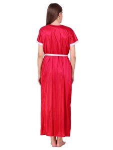 N-Gal Women's Satin Floral Pattern Embroidered Royal Long Nighty Gown with Robe Lingerie 2 Pcs Nightwear Set, Red