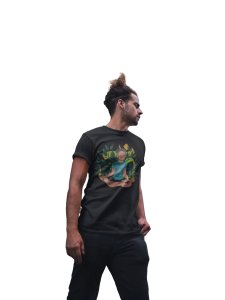 A Young Man - Cartoon - Sitting In Front Of Om Symbol, (BG Green And Yellow), Round Neck Tshirt - Clothes for Yoga Lovers - Suitable For Regular Yoga Going People - Foremost Gifting Material for Your Friends and Close Ones