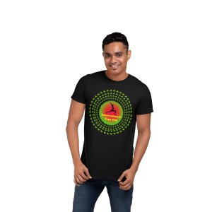 International Yoga Day, A Girl Doing Yoga - Green leaves Chain Circle Surrounded Over It, Round Neck Tshirt - Clothes for Yoga Lovers - Suitable For Regular Yoga Going People - Foremost Gifting Material for Your Friends and Close Ones