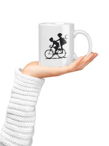 Boy and girl cycling together - family themed printed ceramic white coffee and tea mugs/ cups
