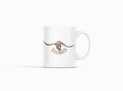 Taurus symbol, (BG Brown)- zodiac themed printed ceramic white coffee and tea mugs/ cups for astrology lovers