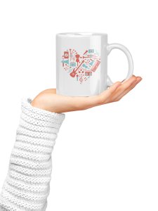 Musical instrument(Red) Printed In Heart- music themed printed ceramic white coffee and tea mugs/ cups for music lovers
