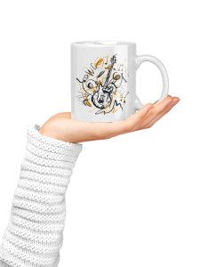 Guitar Illustration- music themed printed ceramic white coffee and tea mugs/ cups for music lovers
