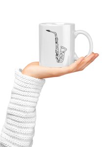 Sexaphone, black lines - music themed printed ceramic white coffee and tea mugs/ cups for music lovers