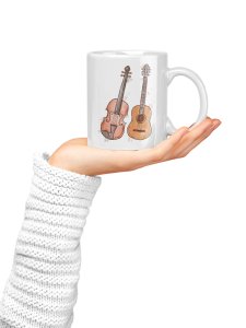 Guitar and violin - music themed printed ceramic white coffee and tea mugs/ cups for music lovers