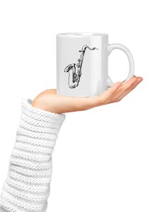Black  Sexaphone- music themed printed ceramic white coffee and tea mugs/ cups for music lovers