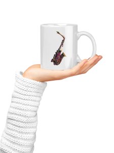 Sexaphone Colourfull illustration- music themed printed ceramic white coffee and tea mugs/ cups for music lovers