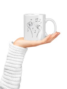 Earphones with Music Notes - music themed printed ceramic white coffee and tea mugs/ cups for music lovers