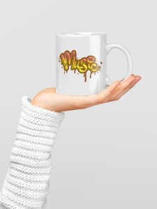 Music ( Yellow text ) - music themed printed ceramic white coffee and tea mugs/ cups for music lovers