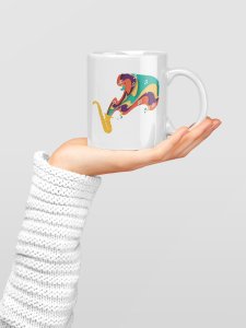 Saxophone Music Notes- music themed printed ceramic white coffee and tea mugs/ cups for music lovers