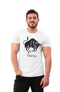 Taurus symbol (BG Black) (White T) - Printed Zodiac Sign Tshirts - Made especially for astrology lovers people