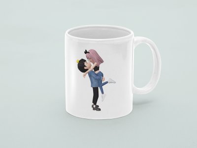 Boy lifting  girl - valentine themed printed ceramic white coffee and tea mugs/ cups