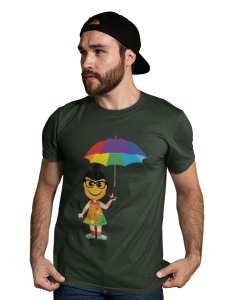 A Young Emoji Girl with Umbrella Printed T-shirt (Green) - Clothes for Emoji Lovers - Suitable for Fun Events- Foremost Gifting Material for Your Friends and Close Ones