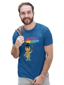 A Young Emoji Girl with Umbrella Printed T-shirt (Blue) - Clothes for Emoji Lovers - Suitable for Fun Events- Foremost Gifting Material for Your Friends and Close Ones