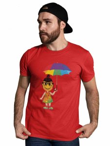 A Young Emoji Girl with Umbrella Printed T-shirt (Red) - Clothes for Emoji Lovers - Suitable for Fun Events- Foremost Gifting Material for Your Friends and Close Ones