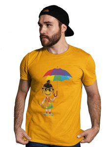 A Young Emoji Girl with Umbrella Printed T-shirt (Yellow) - Clothes for Emoji Lovers - Suitable for Fun Events- Foremost Gifting Material for Your Friends and Close Ones