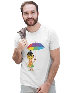 A Young Emoji Girl with Umbrella Printed T-shirt (White) - Clothes for Emoji Lovers - Suitable for Fun Events- Foremost Gifting Material for Your Friends and Close Ones