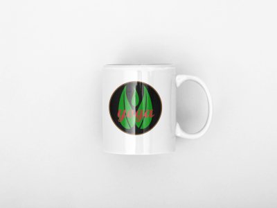 Yoga Text Written Over 3 Leaves, ( BG Green) - Printed Coffee Mugs For Yoga Lovers