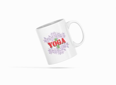 YogaText Written In Front Of Violet Flower - Printed Coffee Mugs For Yoga Lovers