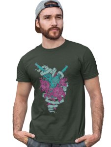 The Shooter And Roses Green Round Neck Cotton Half Sleeved T-Shirt with Printed Graphics