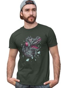 Dinasaur With Headphone Green Round Neck Cotton Half Sleeved T-Shirt with Printed Graphics