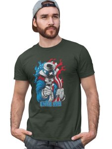 Uncle Sam Green Round Neck Cotton Half Sleeved T-Shirt with Printed Graphics