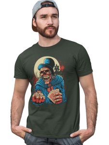 Cards Or Dices? Green Round Neck Cotton Half Sleeved T-Shirt with Printed Graphics