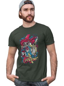 Skull Cowboy Green Round Neck Cotton Half Sleeved T-Shirt with Printed Graphics